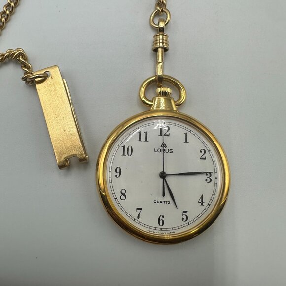 Vintage Lorus Pocket Watch Men Gold Tone With Chain 36MM Open Face New Battery - Picture 2 of 9